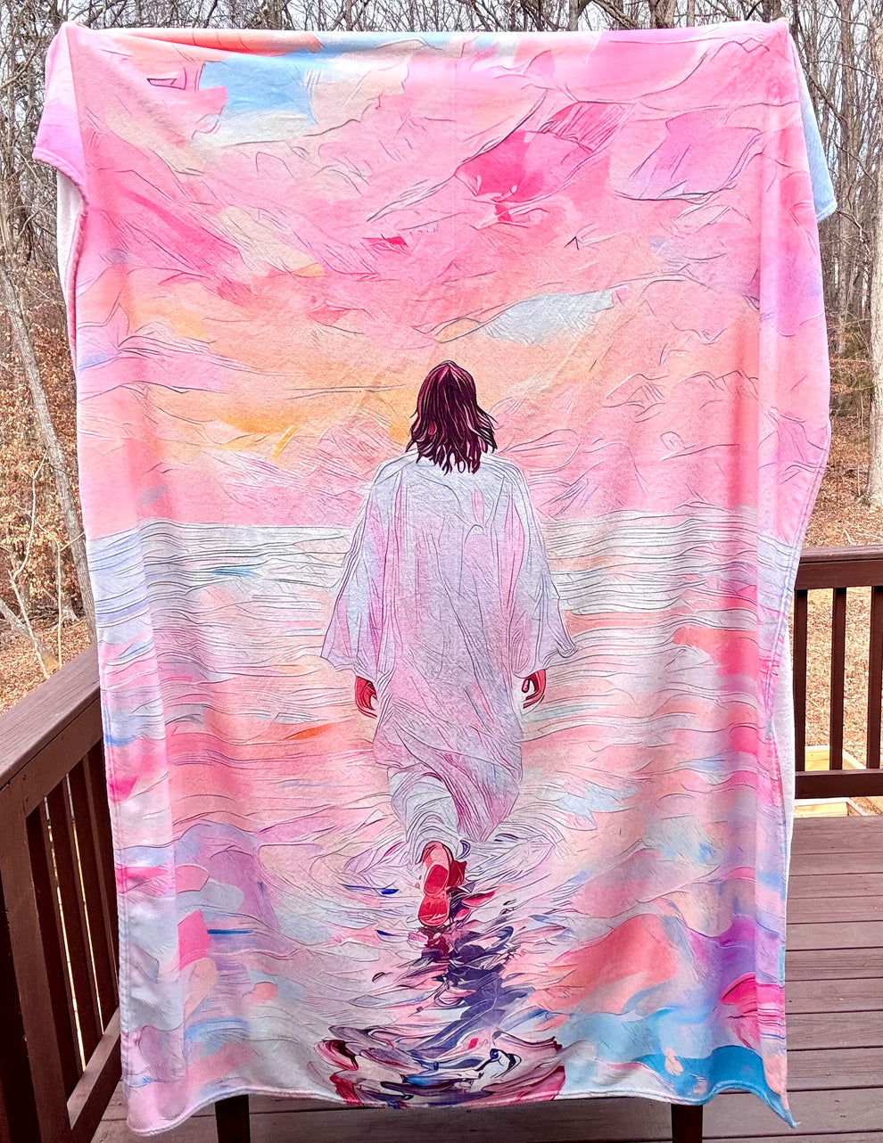 79in x 60in pink watercolor Jesus walking on water fluffy blanket